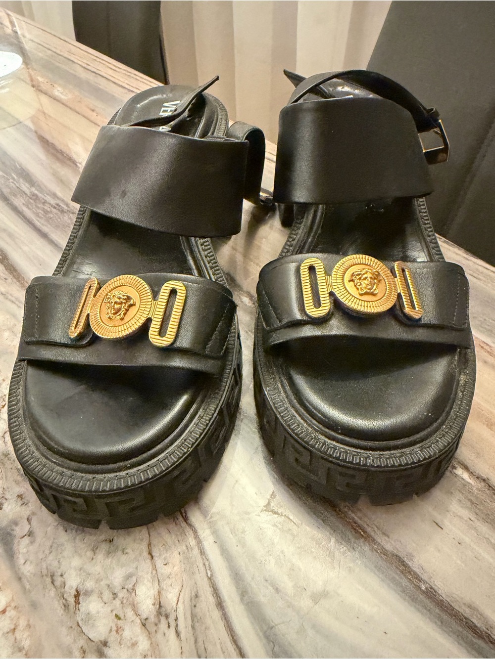 Versace Black Leather Platform Sandals with Gold Medallions